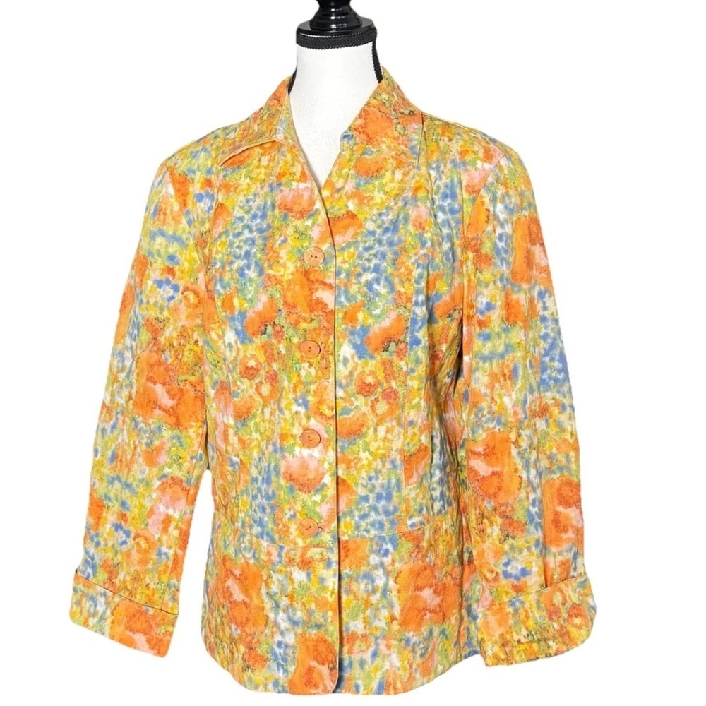 Coldwater Creek Orange Floral Button Blazer Statement Jacket Size 12 Spring